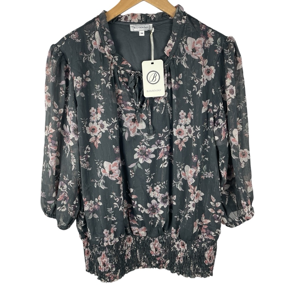 Blousology Womens Floral 3/4 Sleeve Blouse Neck Tie Size 1X NWT